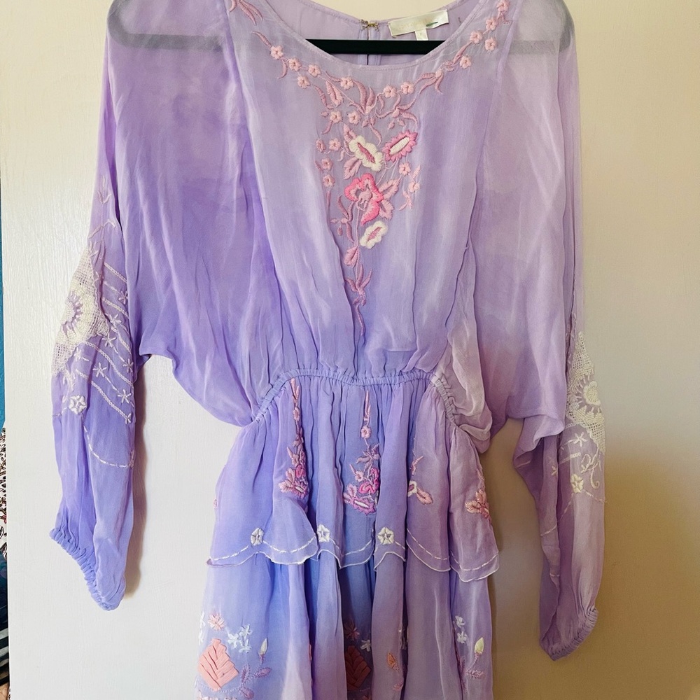 LoveShackFancy Lavender Dress with Pink Embroidery